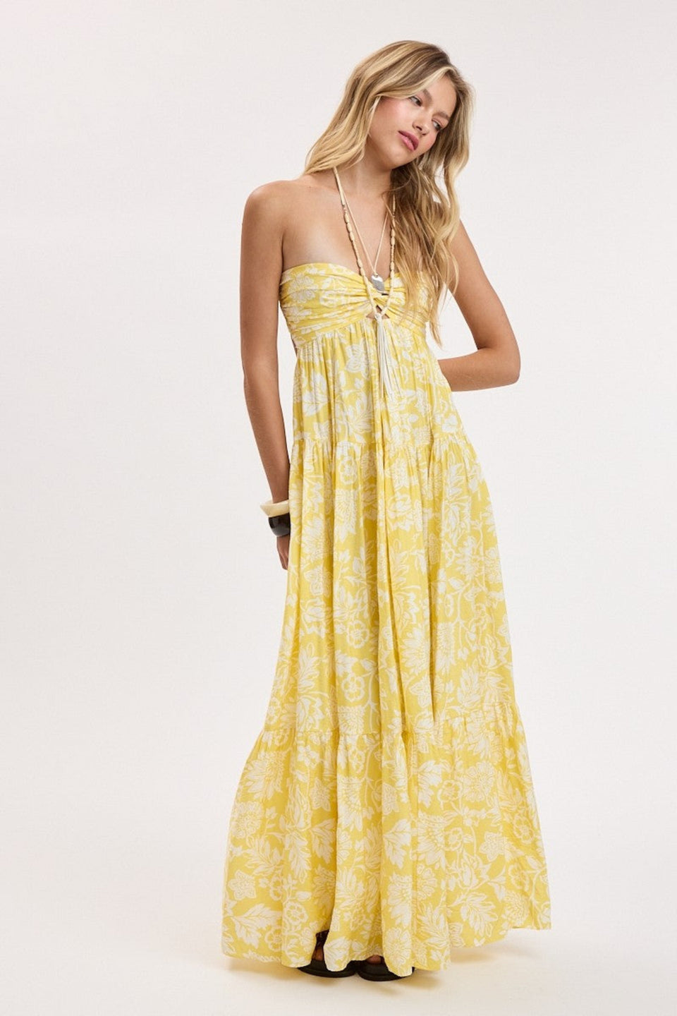 yellow tropical floral strapless maxi front 
