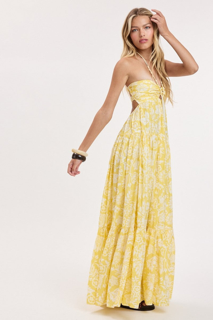 yellow tropical floral strapless maxi side