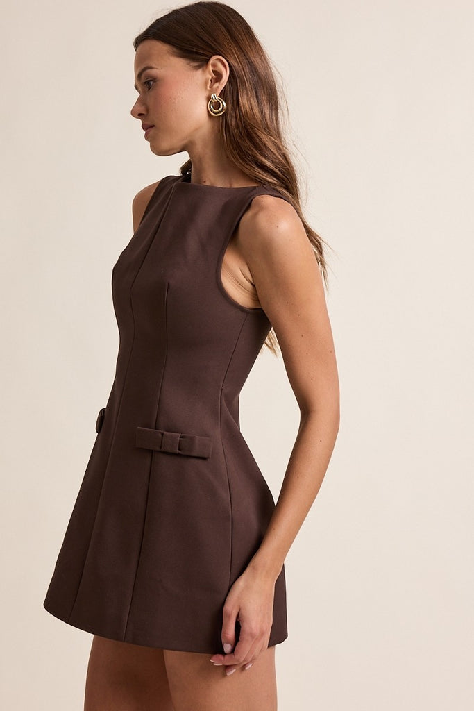 Women Brown Boat Neck Mini Dress