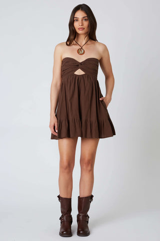 Espresso brown strapless babydoll romper dress with twist-front bodice | Boho Pink