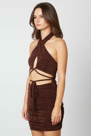 Brown ruched mini dress with waist cutout detail - side view