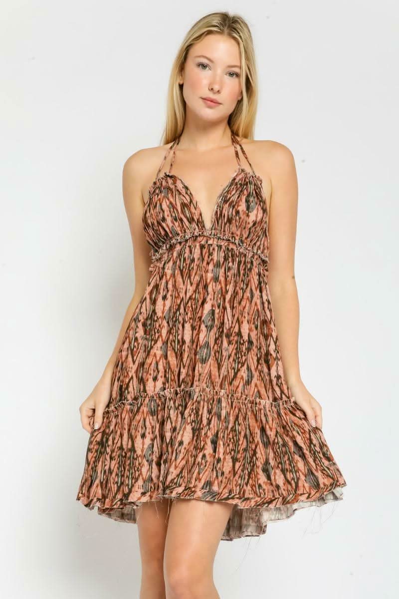 Olivaceous Under The Sun Rust Retro Print Halter Mini Dress - Size L - Brown - Boho - Beach - Summer - Vacation - Resort - Dress Olivaceous Under The Sun Rust Retro Print Halter Mini Dress - Size L - Brown - Boho - Beach - Summer - Vacation - Resort - Dress