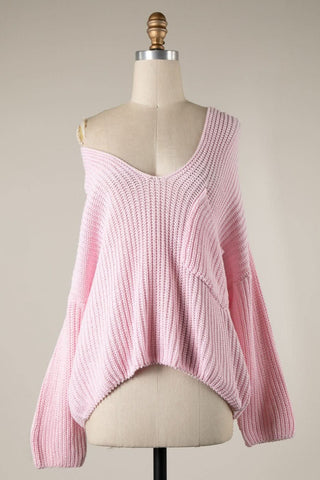 Brynn Light Pink Oversized V-Neck Sweater with Front Patch Pocket - Front View | Boho Pink

