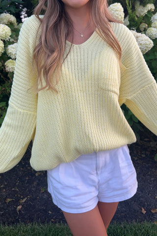 Brynn Oversized Yellow V-Neck Sweater - Close Up View