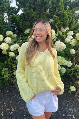 Brynn Yellow Oversized V-Neck Sweater - Lifestyle Front View