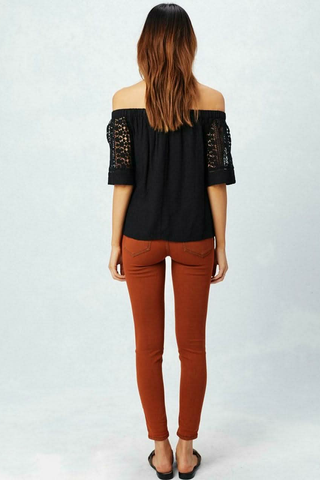 Black off the shoulder lace top back view with lace sleeve detail