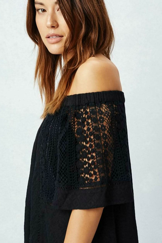 Black off the shoulder lace top with sheer crochet sleeve detail close up