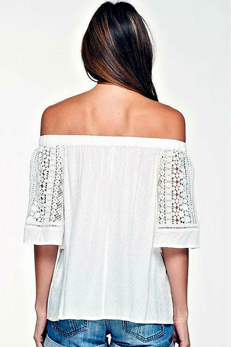 White off the shoulder lace top back view with elastic neckline