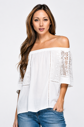 Bungalow White Off-the-Shoulder Top with short sleeves, front view