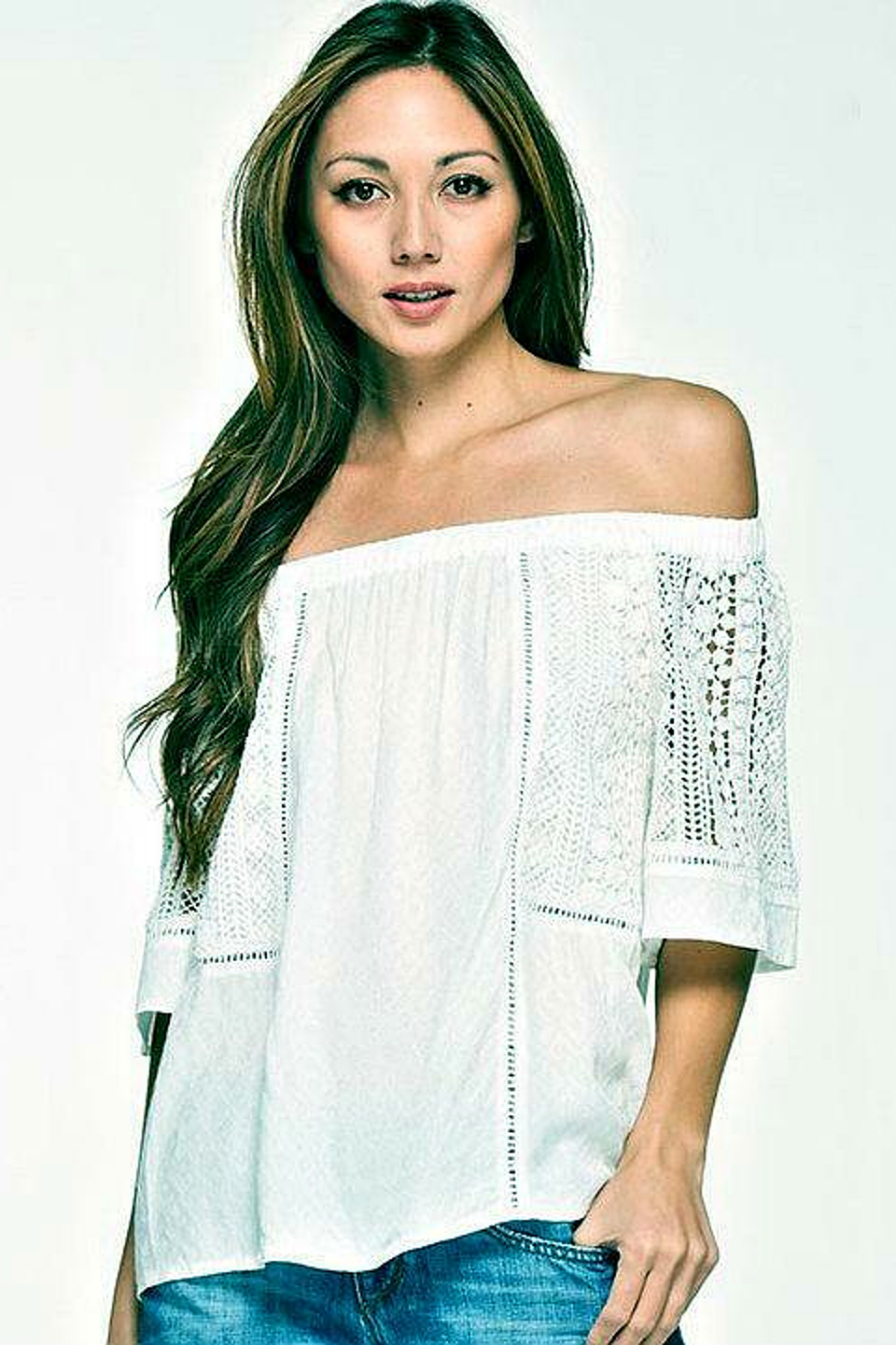 White off the shoulder lace trim top with mid length sleeves full body view