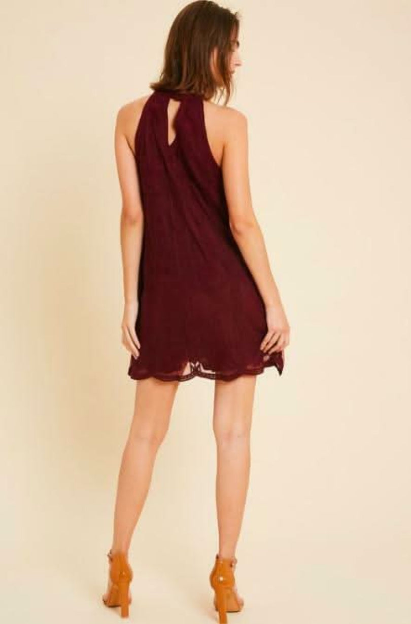 Burgundy embroidered lace dress back view