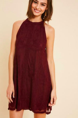 Burgundy lace party dress with halter neckline