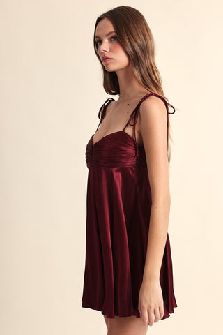 Serena Burgundy Satin Babydoll Mini Dress - Burgundy Short Dresses For Wedding