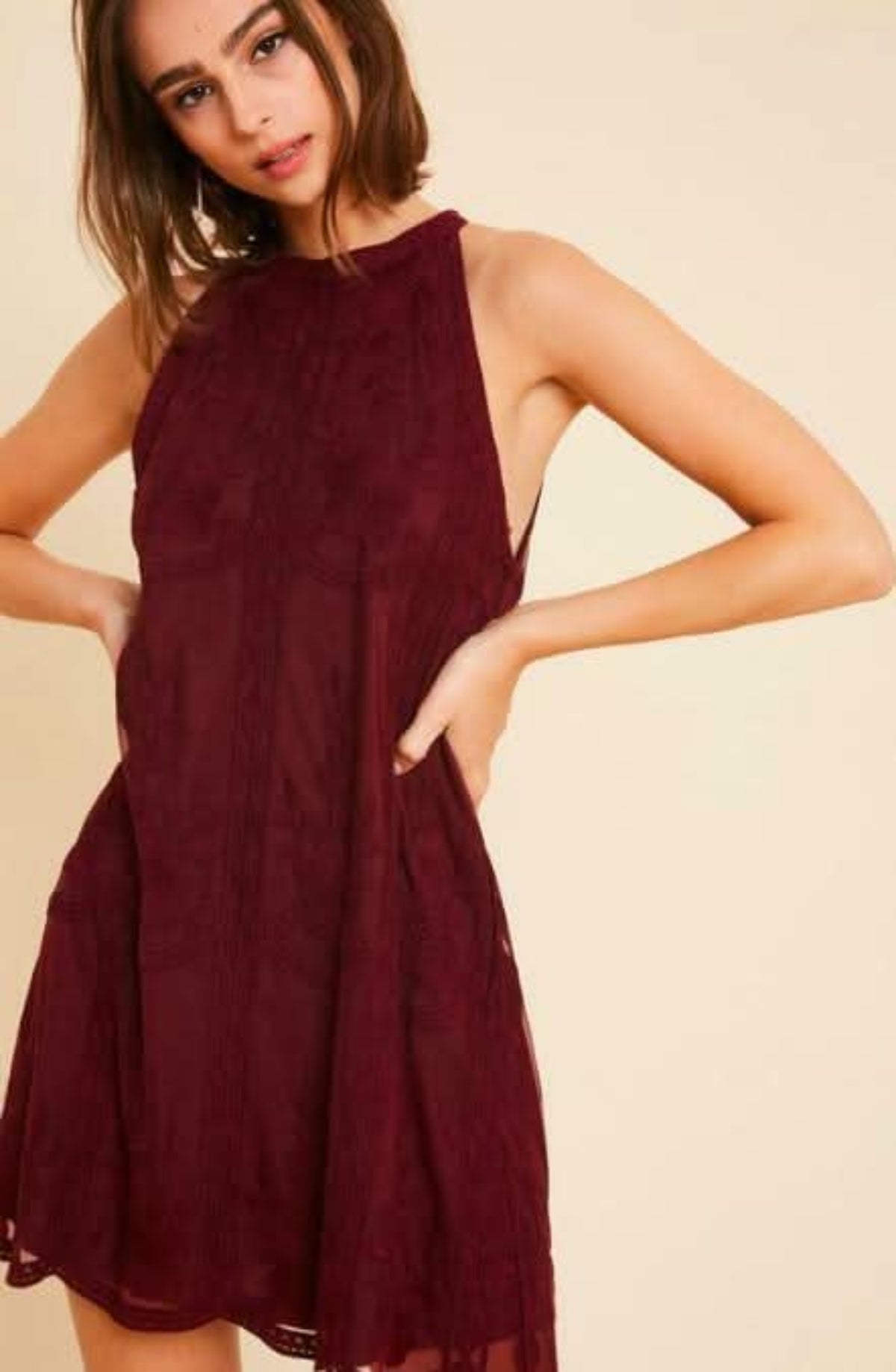 Burgundy Lace Halter Swing Dress for Weddings