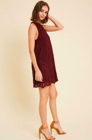 Burgundy wedding guest mini dress side view