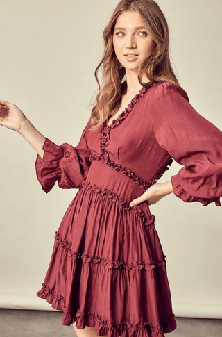 Wine Long Puff Sleeve Ruffle Mini Dress