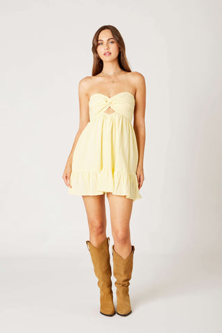 Butter yellow strapless babydoll romper dress with twist-front neckline | Boho Pink