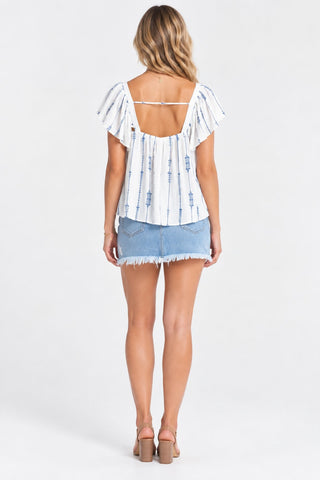 Cabo Skies White and Blue Embroidered Flowy Top - Back Outfit View