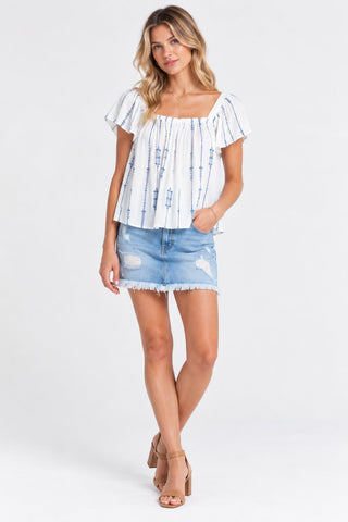 Cabo Skies White and Blue Embroidered Flowy Top - Outfit View