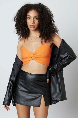 Caitlyn orange knot-front cropped knit tank front view