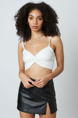 Caitlyn white knot-front cropped knit tank front view