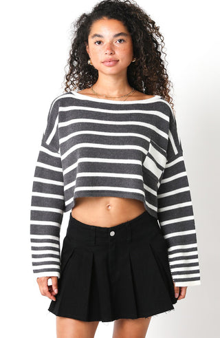 Carter Grey Striped Cropped Oversized Sweater - Front View