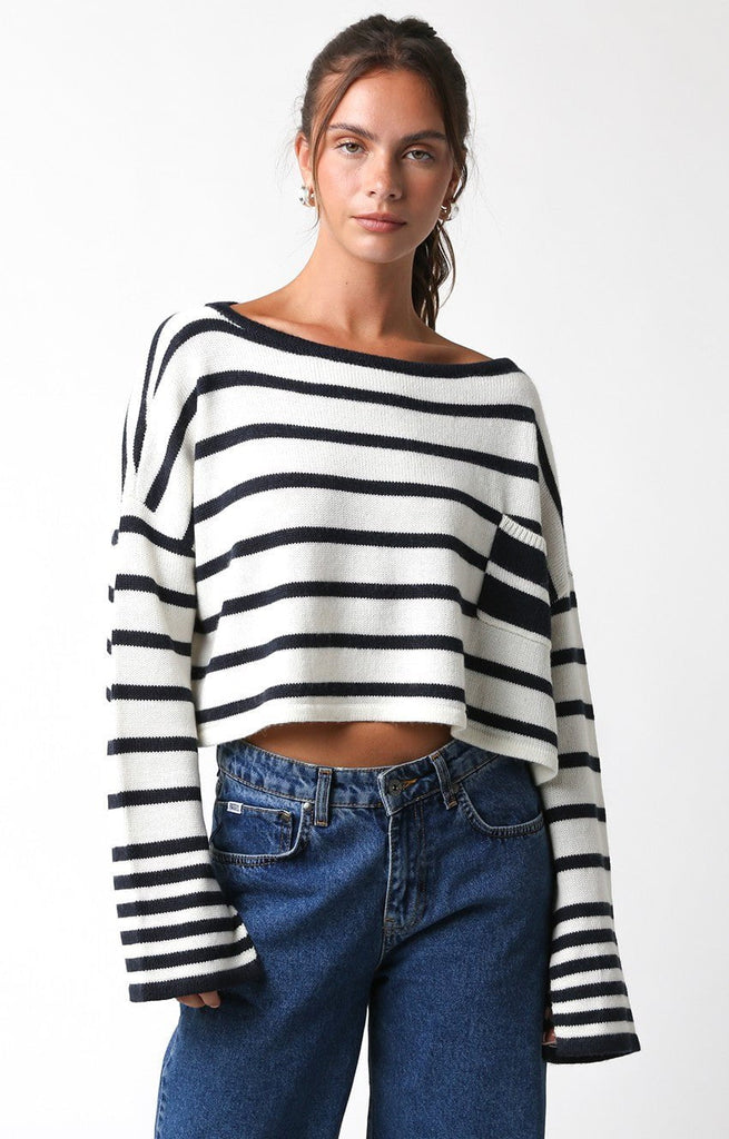 Women's White Striped Crew Neck Sweater