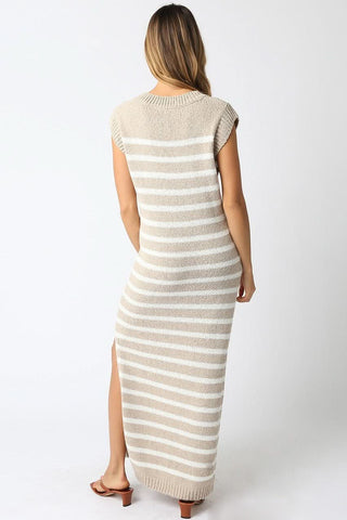 Back view of taupe and white striped casual maxi dress in soft knit fabric