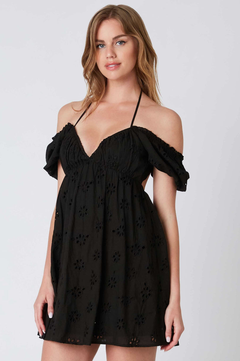Black Eyelet Off the Shoulder Mini Dress