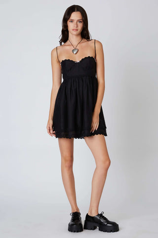 Black bustier fit and flare mini dress front view