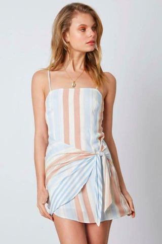 Blue striped mini dress with side tie detail