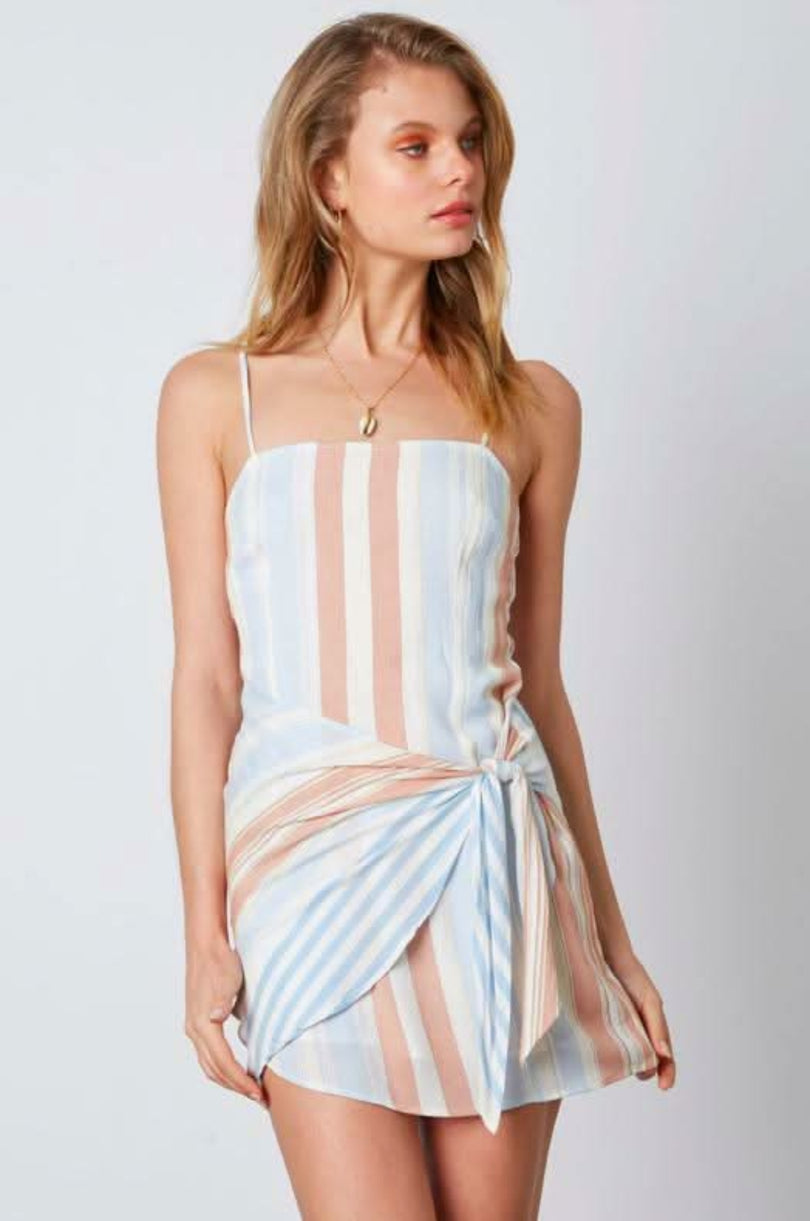 Blue striped mini dress with side tie detail