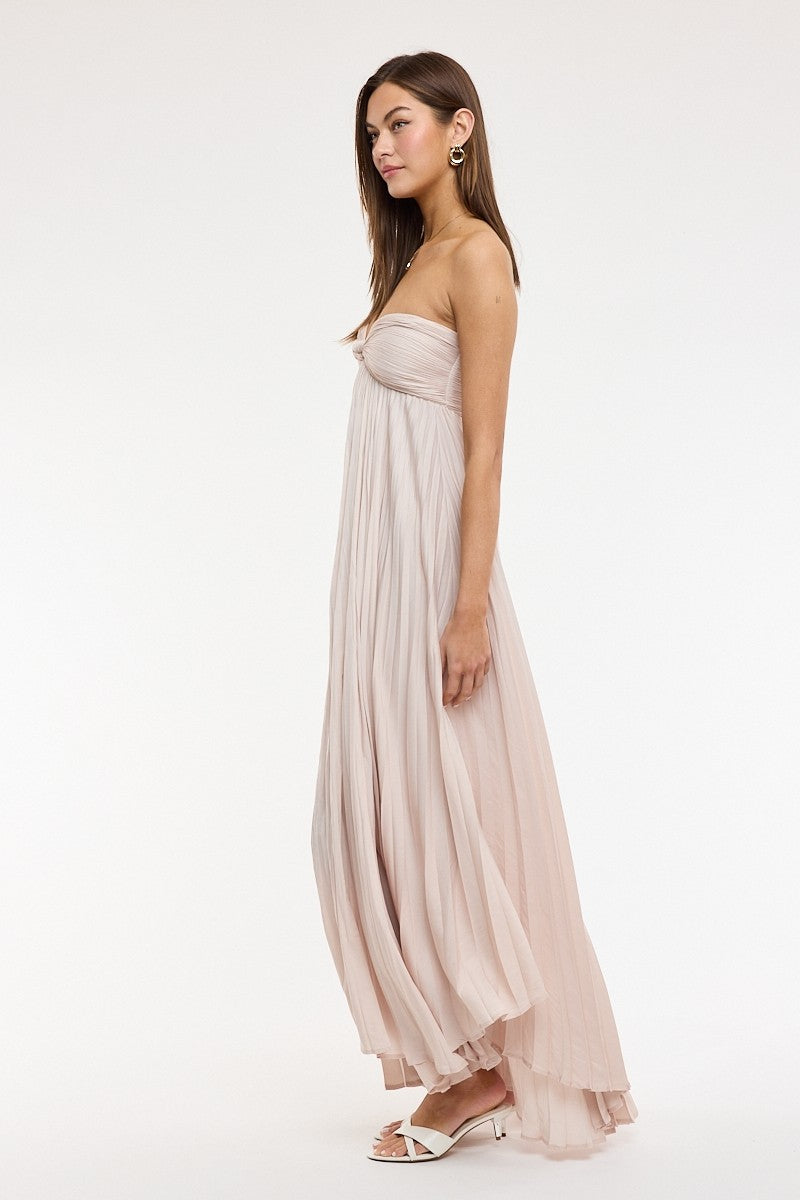 Side view of the Willow champagne color dress, perfect for wedding guests and bridesmaids