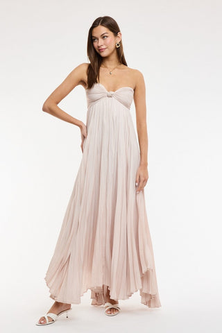 Champagne strapless maxi dress with flowy pleated skirt