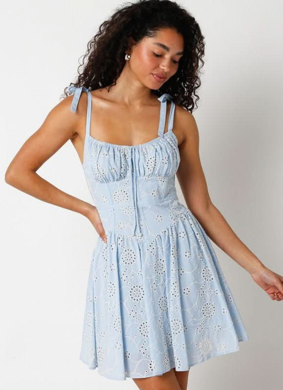 Olivaceous Chateau Blue Eyelet Bustier Mini Dress - Size S - Babydoll - Sundress - Sorority - Rush - Vacation - Resort - Summer - Light Blue
