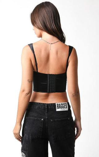 Black satin corset top back view with hook and eye closure