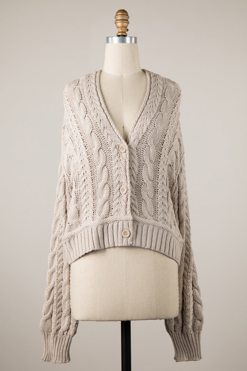 Chilton Beige Cable Knit Cardigan Sweater - Front View