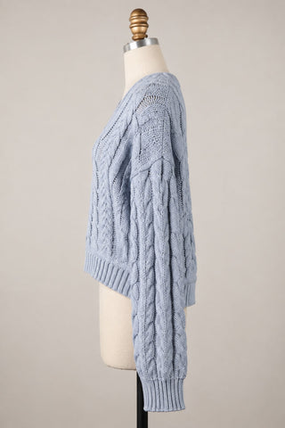 Chilton Dusty Blue Cable Knit Cardigan Sweater - Side View