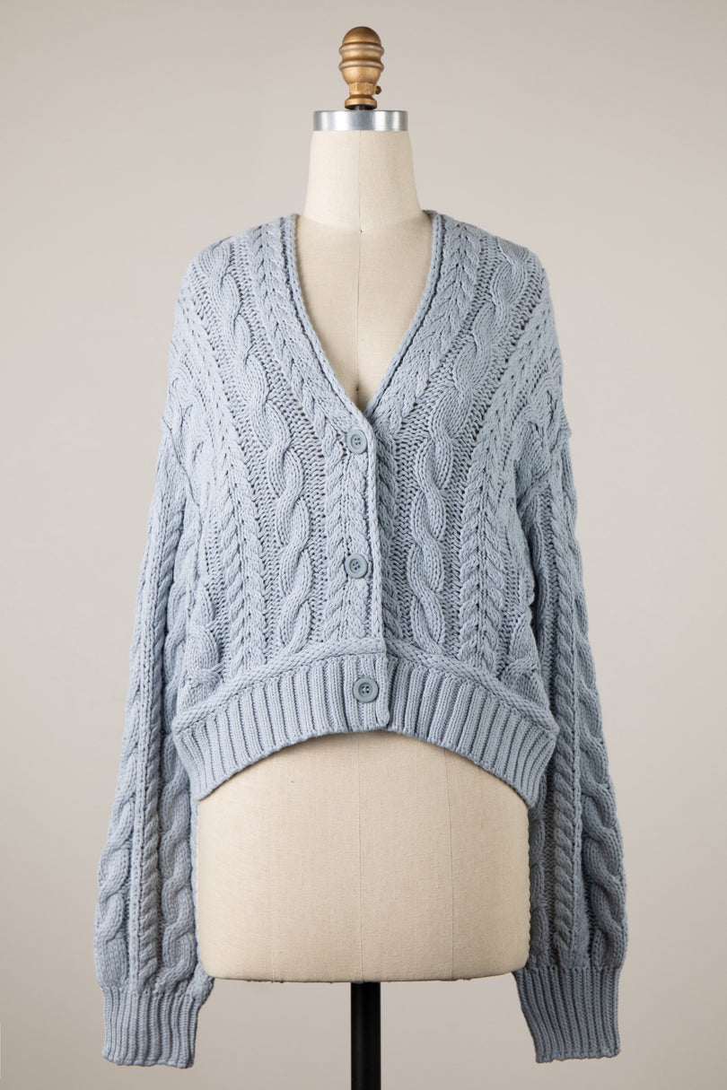 Chilton Dusty Blue Cable Knit Cardigan Sweater - Front View