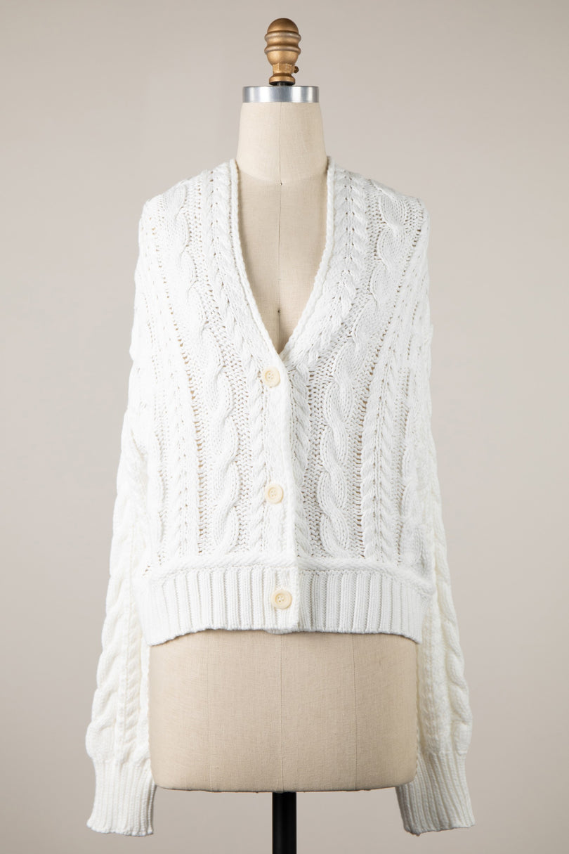 Chilton White Cable Knit Cardigan Sweater - Front View
