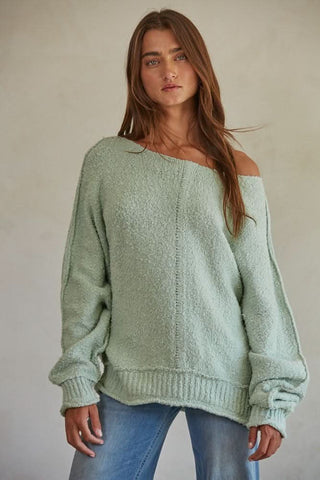 Elara Mint Knit Pullover Sweater - Boat Neckline - Oversized Sweaters 