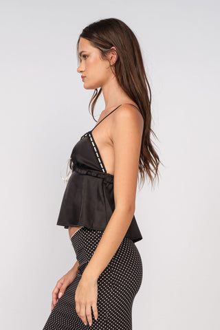 Cindy Black Satin Ribbon Cami Top - Side View