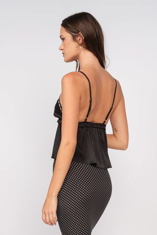 Cindy Black Satin Ribbon Cami Top - Outfit Side View