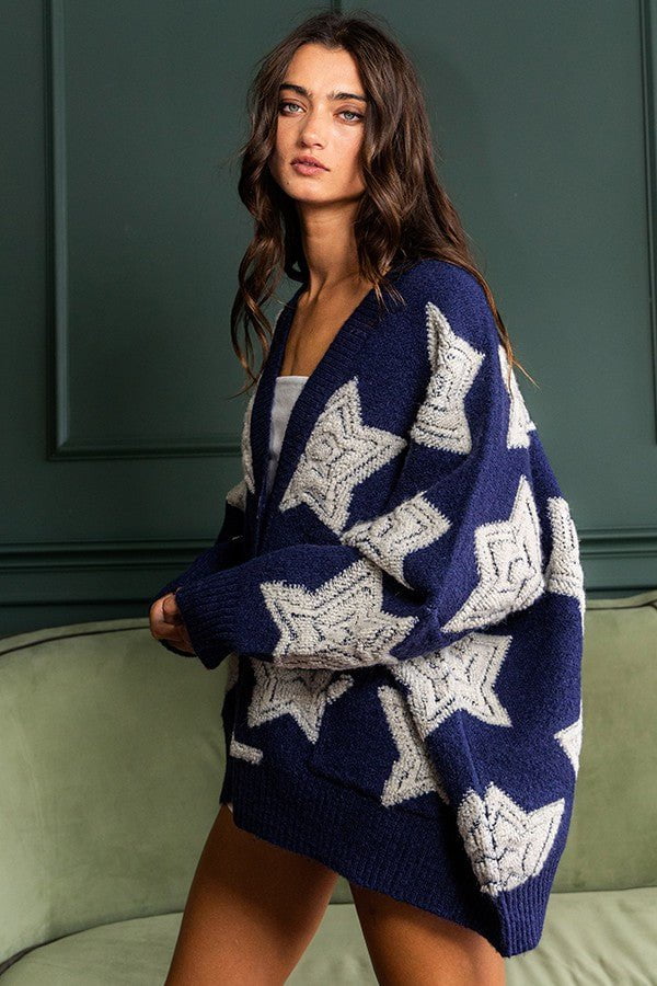 Navy Strar Print Cardigan Sweater