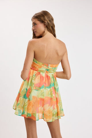 Colette orange tropical print strapless dress back view