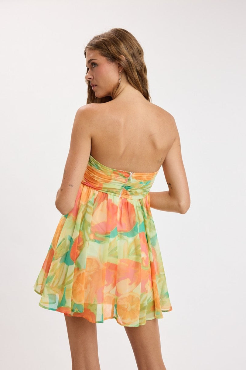 Colette orange tropical print strapless dress back view