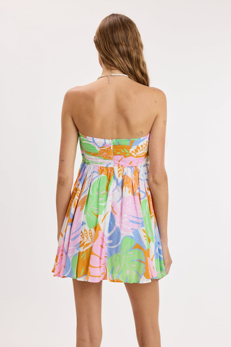 Colette pastel tropical print flowy strapless mini dress back view