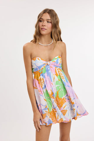 Colette pastel tropical print strapless babydoll dress front view