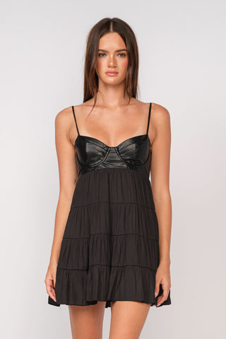 Black vegan leather babydoll mini dress