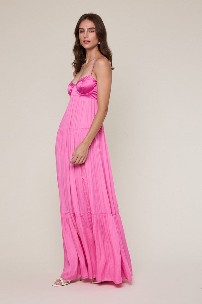 Sky to Moon Blaire Pink Satin Maxi Dress | Babydoll Tiered Fit-and-Flare A-Line Corset Top Floor Length Sleeveless Hot Pink Fuchsia | Size S Sky to Moon Blaire Pink Satin Maxi Dress | Babydoll Tiered Fit-and-Flare A-Line Corset Top Floor Length Sleeveless Hot Pink Fuchsia | Size S
